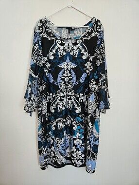 EUC New Directions Blue Paisley on Black Shift Dress w/ Sheer Bell Sleeves: 1X